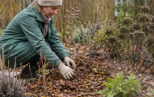Person verteilt eine schützende Mulchschicht zwischen winterlichen Stauden; Thema Stauden, Schwerpunkt Standort; Ausgangslage.
