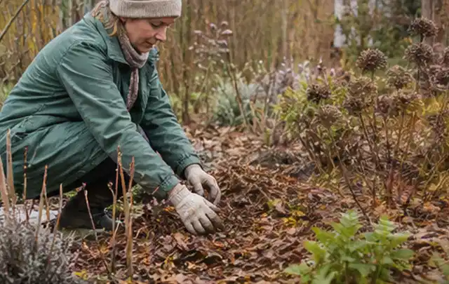 Person verteilt eine schützende Mulchschicht zwischen winterlichen Stauden; Thema Stauden, Schwerpunkt Wachstum; Praxisalltag.