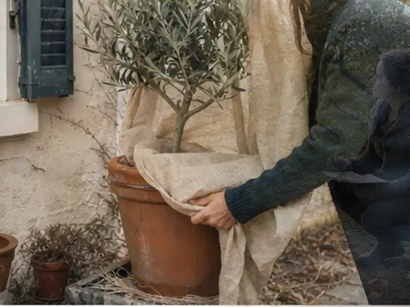 Person umhüllt eine mediterrane Kübelpflanze mit atmungsaktivem Winterschutz; Thema Stauden, Schwerpunkt Winterpflege; Titelbild.