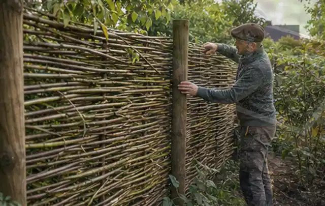 Person befestigt geflochtene Weidenruten an stabilen Holzpfosten im Garten; Thema Steingarten, Schwerpunkt Anleitung; Umsetzung.
