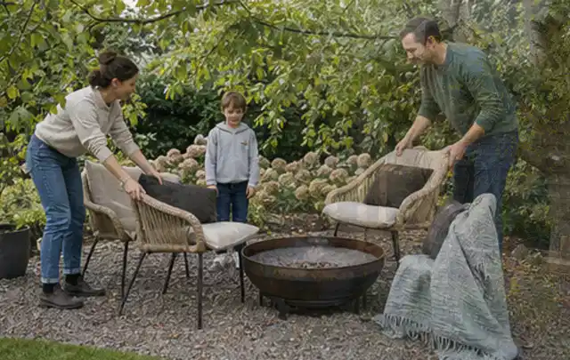Familie stellt wetterfeste Sessel an einem geschützten Sitzplatz im Garten auf; Thema Steingarten, Schwerpunkt Anleitung; Praxisalltag.