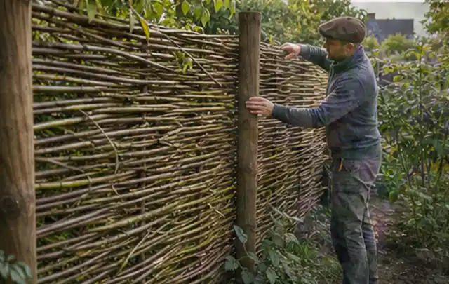 Person befestigt geflochtene Weidenruten an stabilen Holzpfosten im Garten; Thema Steingarten, Schwerpunkt Beleuchtung; Ausgangslage.