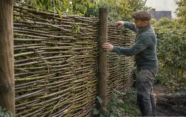 Person befestigt geflochtene Weidenruten an stabilen Holzpfosten im Garten; Thema Steingarten, Schwerpunkt Bepflanzung; Ausgangslage.