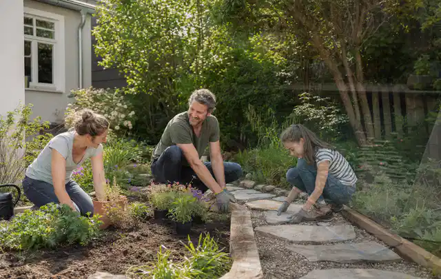 Familie geht auf einem Weg durch einen abwechslungsreich gestalteten Garten; Thema Steingarten, Schwerpunkt Bepflanzung; Ergebnis.