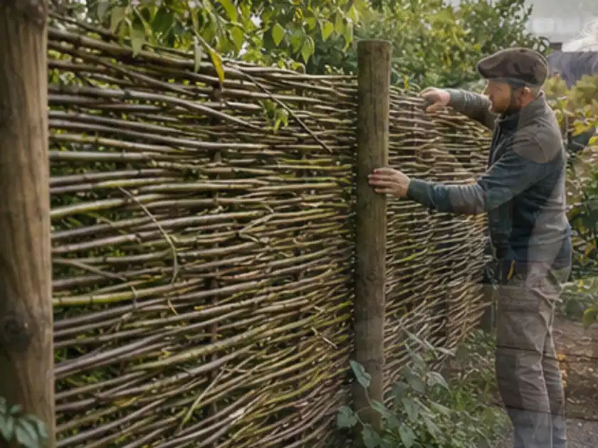 Person befestigt geflochtene Weidenruten an stabilen Holzpfosten im Garten; Thema Steingarten, Schwerpunkt Checkliste; Titelbild.