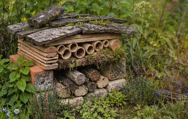 Naturnaher Unterschlupf aus Holz Rinde und Pflanzenstängeln im Garten; Thema Steingarten, Schwerpunkt Checkliste; Ergebnis.