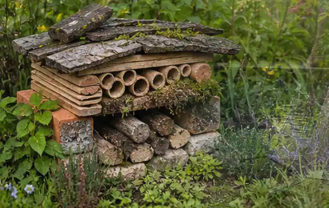 Naturnaher Unterschlupf aus Holz Rinde und Pflanzenstängeln im Garten; Thema Steingarten, Schwerpunkt Fehlerhilfe; Ausgangslage.