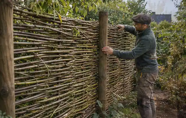 Person befestigt geflochtene Weidenruten an stabilen Holzpfosten im Garten; Thema Steingarten, Schwerpunkt Fehlerhilfe; Praxisalltag.