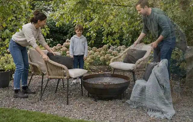 Familie stellt wetterfeste Sessel an einem geschützten Sitzplatz im Garten auf; Thema Steingarten, Schwerpunkt Gärten mit kleiner Fläche; Ausgangslage.