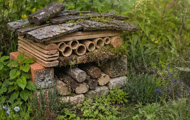 Naturnaher Unterschlupf aus Holz Rinde und Pflanzenstängeln im Garten; Thema Steingarten, Schwerpunkt Garten gestalten; Ausgangslage.