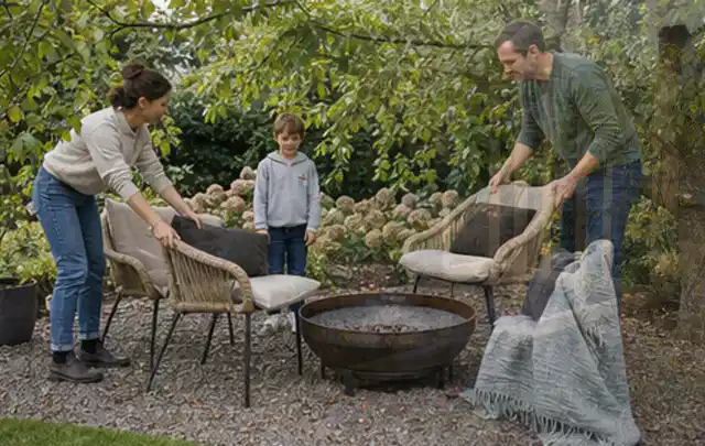 Familie stellt wetterfeste Sessel an einem geschützten Sitzplatz im Garten auf; Thema Steingarten, Schwerpunkt Garten gestalten; Kontrolle.