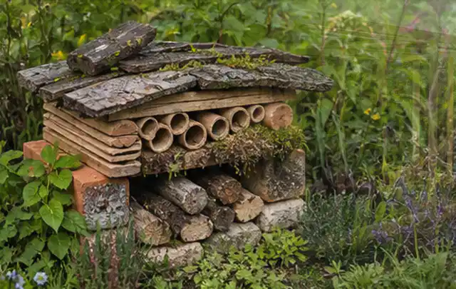 Naturnaher Unterschlupf aus Holz Rinde und Pflanzenstängeln im Garten; Thema Steingarten, Schwerpunkt Hanglage; Ausgangslage.