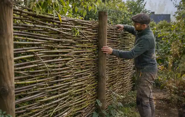 Person befestigt geflochtene Weidenruten an stabilen Holzpfosten im Garten; Thema Steingarten, Schwerpunkt Hanglage; Kontrolle.