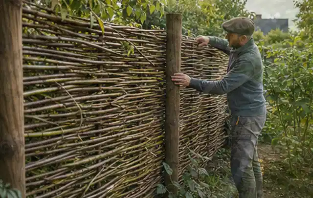 Person befestigt geflochtene Weidenruten an stabilen Holzpfosten im Garten; Thema Steingarten, Schwerpunkt Inspiration; Ausgangslage.