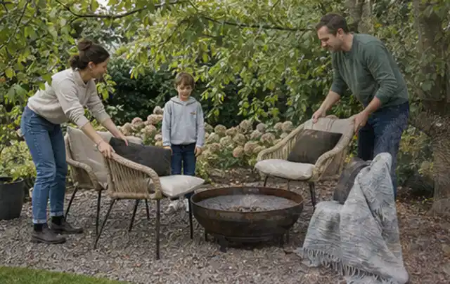 Familie stellt wetterfeste Sessel an einem geschützten Sitzplatz im Garten auf; Thema Steingarten, Schwerpunkt Inspiration; Kontrolle.
