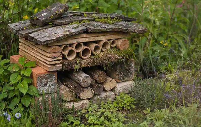Naturnaher Unterschlupf aus Holz Rinde und Pflanzenstängeln im Garten; Thema Steingarten, Schwerpunkt Inspiration; Praxisalltag.