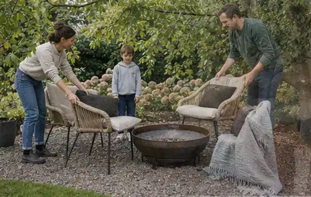 Familie stellt wetterfeste Sessel an einem geschützten Sitzplatz im Garten auf; Thema Steingarten, Schwerpunkt Kosten; Umsetzung.