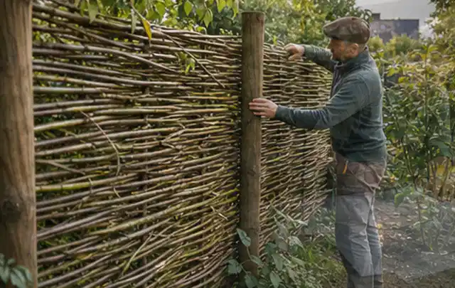 Person befestigt geflochtene Weidenruten an stabilen Holzpfosten im Garten; Thema Steingarten, Schwerpunkt Kosten; Ergebnis.