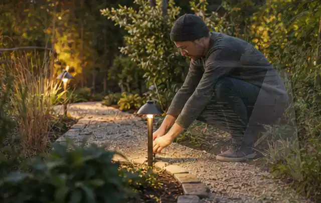 Person richtet eine niedrige warm leuchtende Gartenlampe am Kiesweg aus; Thema Steingarten, Schwerpunkt Kosten; Praxisalltag.