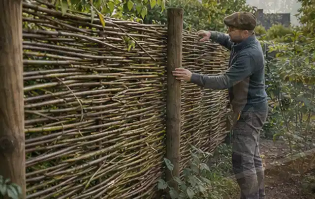 Person befestigt geflochtene Weidenruten an stabilen Holzpfosten im Garten; Thema Steingarten, Schwerpunkt Materialwahl; Umsetzung.