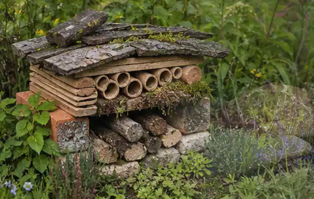 Naturnaher Unterschlupf aus Holz Rinde und Pflanzenstängeln im Garten; Thema Steingarten, Schwerpunkt Materialwahl; Praxisalltag.
