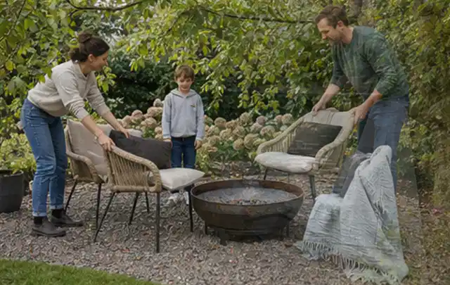 Familie stellt wetterfeste Sessel an einem geschützten Sitzplatz im Garten auf; Thema Steingarten, Schwerpunkt Naturgarten; Umsetzung.