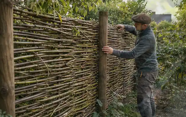 Person befestigt geflochtene Weidenruten an stabilen Holzpfosten im Garten; Thema Steingarten, Schwerpunkt Naturgarten; Kontrolle.