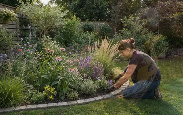 Person pflegt die klare Kante eines geschwungenen blühenden Staudenbeets; Thema Steingarten, Schwerpunkt Naturgarten; Ergebnis.