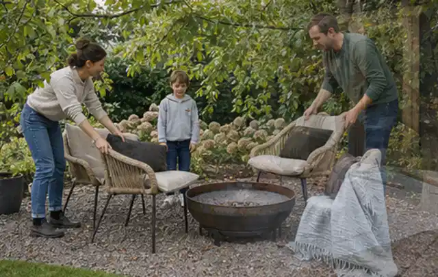 Familie stellt wetterfeste Sessel an einem geschützten Sitzplatz im Garten auf; Thema Steingarten, Schwerpunkt Pflegeleichtigkeit; Ausgangslage.