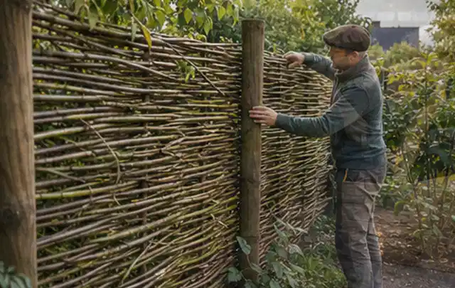 Person befestigt geflochtene Weidenruten an stabilen Holzpfosten im Garten; Thema Steingarten, Schwerpunkt Pflegeleichtigkeit; Umsetzung.