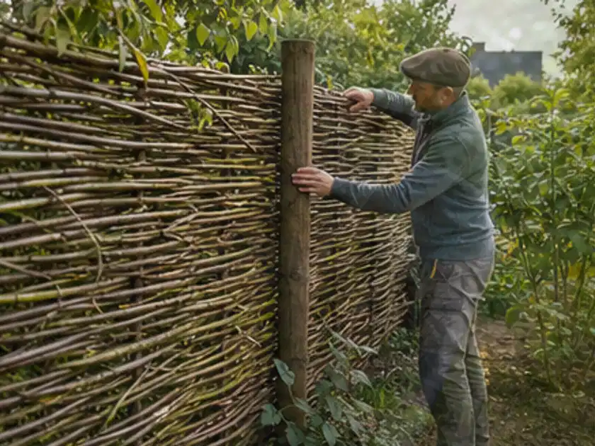 Person befestigt geflochtene Weidenruten an stabilen Holzpfosten im Garten; Thema Steingarten, Schwerpunkt Planung; Titelbild.