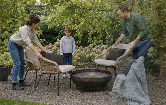 Familie stellt wetterfeste Sessel an einem geschützten Sitzplatz im Garten auf; Thema Steingarten, Schwerpunkt Planung; Kontrolle.