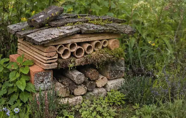 Naturnaher Unterschlupf aus Holz Rinde und Pflanzenstängeln im Garten; Thema Steingarten, Schwerpunkt Planung; Ergebnis.