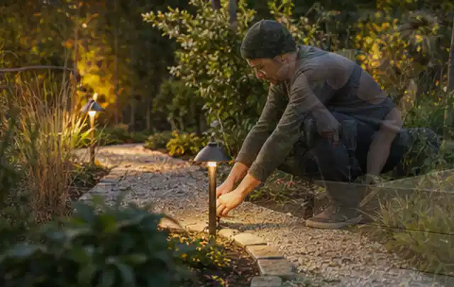 Person richtet eine niedrige warm leuchtende Gartenlampe am Kiesweg aus; Thema Steingarten, Schwerpunkt Planung; Praxisalltag.