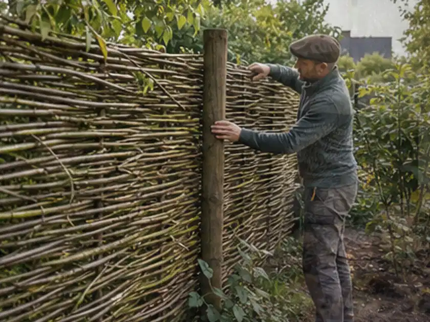 Person befestigt geflochtene Weidenruten an stabilen Holzpfosten im Garten; Thema Steingarten, Schwerpunkt Praxisbeispiele; Titelbild.