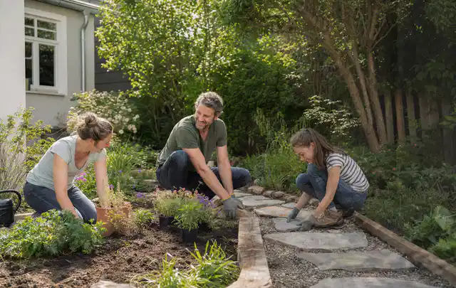 Familie geht auf einem Weg durch einen abwechslungsreich gestalteten Garten; Thema Steingarten, Schwerpunkt Praxisbeispiele; Ausgangslage.