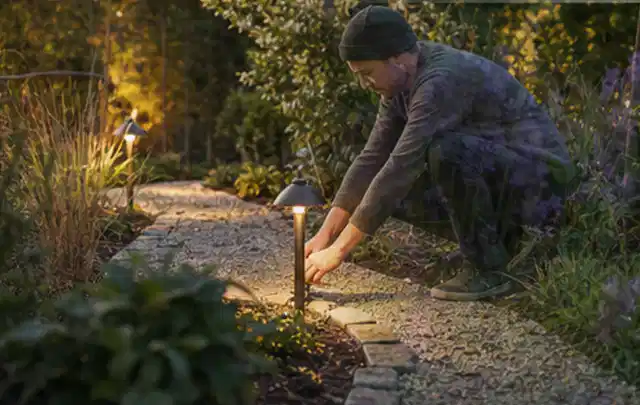 Person richtet eine niedrige warm leuchtende Gartenlampe am Kiesweg aus; Thema Steingarten, Schwerpunkt Praxisbeispiele; Kontrolle.