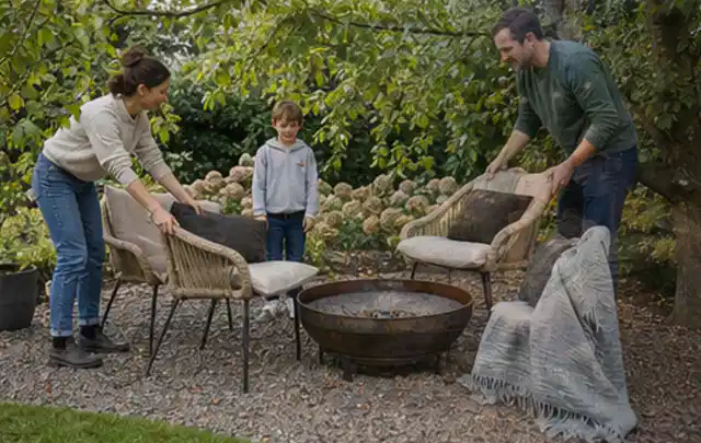 Familie stellt wetterfeste Sessel an einem geschützten Sitzplatz im Garten auf; Thema Steingarten, Schwerpunkt Praxisbeispiele; Ergebnis.