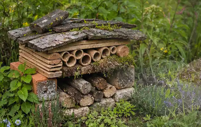 Naturnaher Unterschlupf aus Holz Rinde und Pflanzenstängeln im Garten; Thema Steingarten, Schwerpunkt Privatsphäre; Ausgangslage.