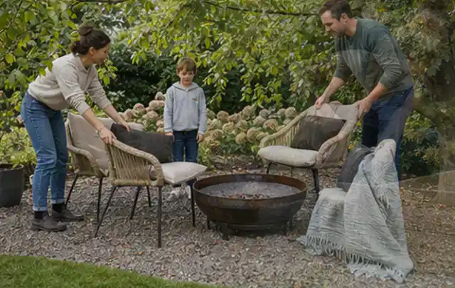Familie stellt wetterfeste Sessel an einem geschützten Sitzplatz im Garten auf; Thema Steingarten, Schwerpunkt Privatsphäre; Kontrolle.