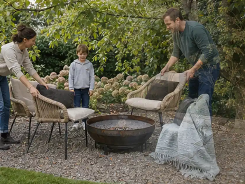 Familie stellt wetterfeste Sessel an einem geschützten Sitzplatz im Garten auf; Thema Steingarten, Schwerpunkt Wegeführung; Titelbild.