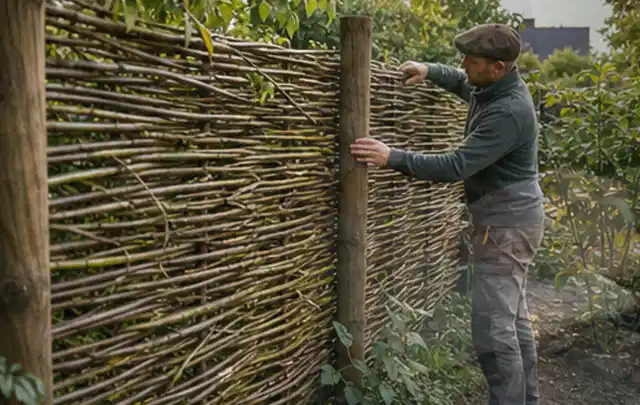Person befestigt geflochtene Weidenruten an stabilen Holzpfosten im Garten; Thema Steingarten, Schwerpunkt Wegeführung; Kontrolle.