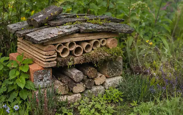 Naturnaher Unterschlupf aus Holz Rinde und Pflanzenstängeln im Garten; Thema Sternrußtau, Schwerpunkt Bestimmung; Ausgangslage.