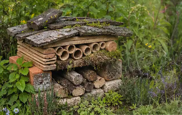 Naturnaher Unterschlupf aus Holz Rinde und Pflanzenstängeln im Garten; Thema Sternrußtau, Schwerpunkt Fehlerhilfe; Ausgangslage.