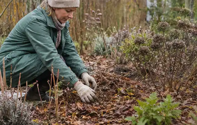 Person verteilt eine schützende Mulchschicht zwischen winterlichen Stauden; Thema Sternrußtau, Schwerpunkt Fehlerhilfe; Ergebnis.