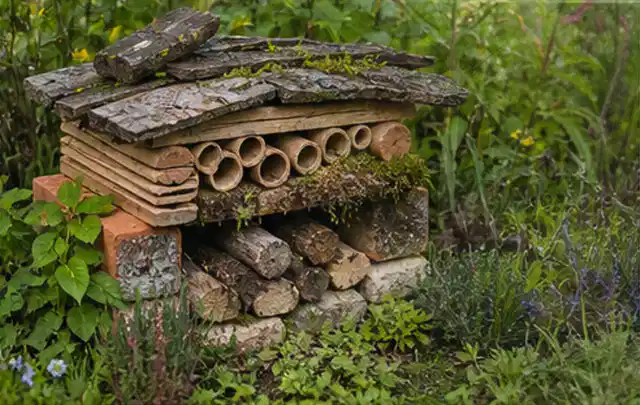 Naturnaher Unterschlupf aus Holz Rinde und Pflanzenstängeln im Garten; Thema Sternrußtau, Schwerpunkt Gewächshaus; Ausgangslage.