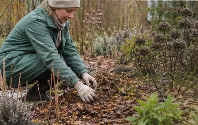 Person verteilt eine schützende Mulchschicht zwischen winterlichen Stauden; Thema Sternrußtau, Schwerpunkt Giftfreie Hilfe; Umsetzung.