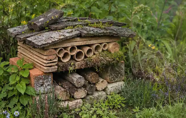 Naturnaher Unterschlupf aus Holz Rinde und Pflanzenstängeln im Garten; Thema Sternrußtau, Schwerpunkt Giftfreie Hilfe; Kontrolle.