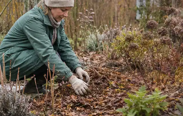 Person verteilt eine schützende Mulchschicht zwischen winterlichen Stauden; Thema Sternrußtau, Schwerpunkt Hausmittel; Kontrolle.