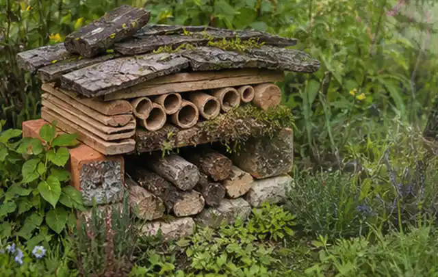 Naturnaher Unterschlupf aus Holz Rinde und Pflanzenstängeln im Garten; Thema Sternrußtau, Schwerpunkt Hausmittel; Ergebnis.